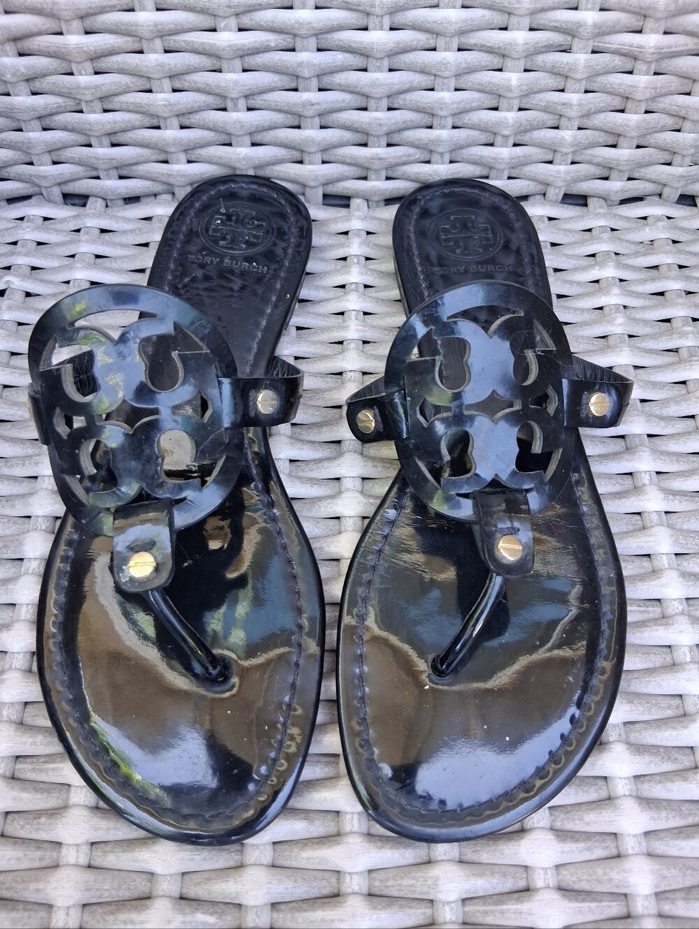 Tory Burch Black Patent Logo Thong Sandals with Gold Studs